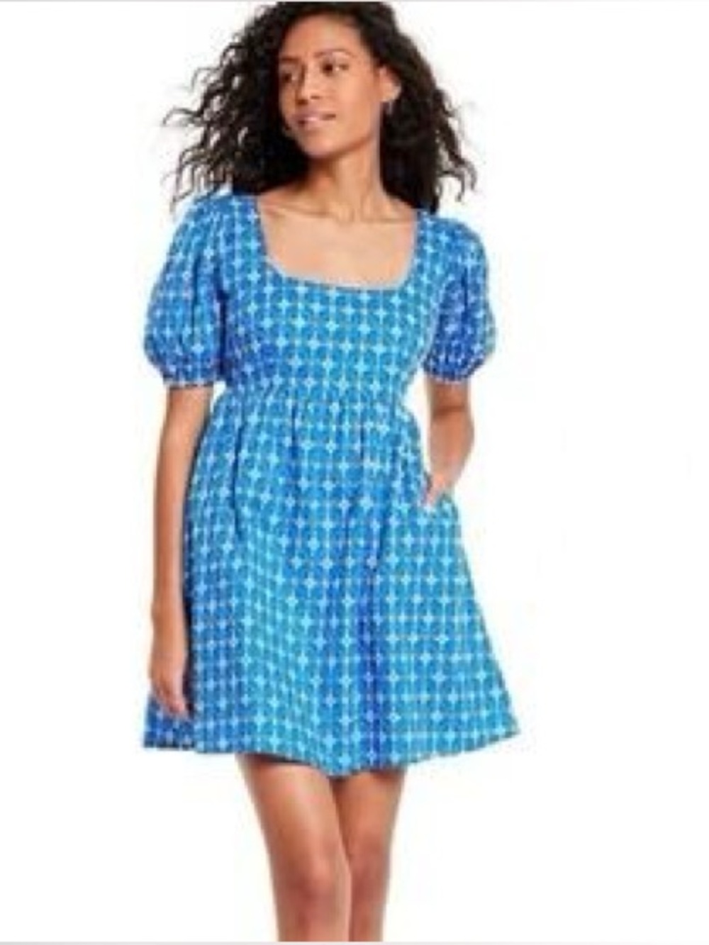 RHODE x Target Blue Printed Square-Neck Puff Sleeve Mini Dress- small